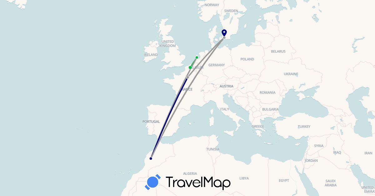 TravelMap itinerary: driving, bus, plane in Denmark, France, Morocco, Netherlands (Africa, Europe)